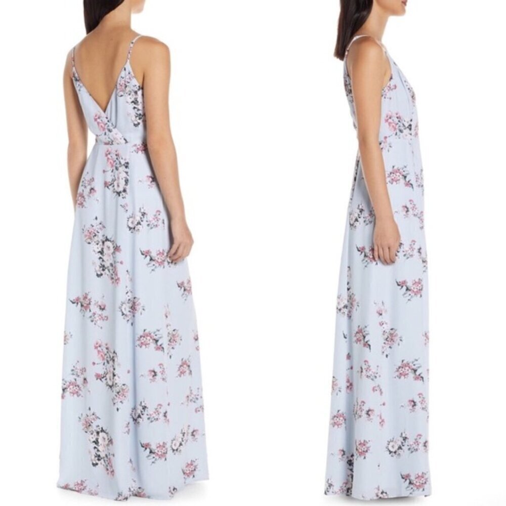 WAYF Angelina Slit Floral Wrap Gown Blue Size Medium - Picture 2 of 15